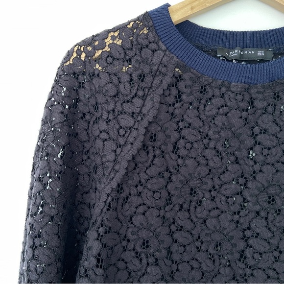 ZARA NAVY BLUE LACE LONG RAGLAN SLEEVED TOP WITH RIBBED NECKLINE AND CUFFS, XS - Picture 4 of 10